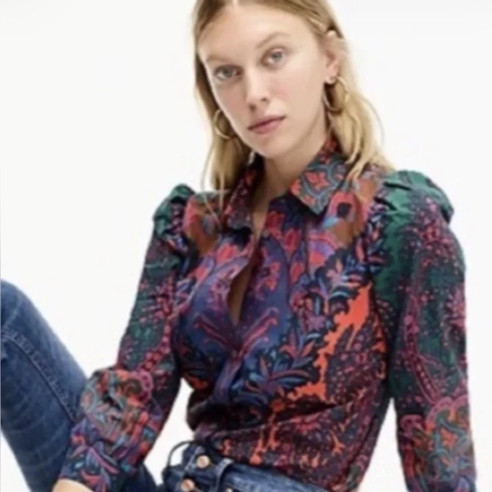 J.Crew Button Down Ratti Blouse Womens 4 Jewel Tone Shirt Puff Sleeve Preppy